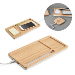 MOTT II. Organizador de secretária (mesa) em bambu e ABS com carregador por indução (wireless) super-rápido 15W