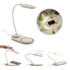 LEZZO. Luminária de mesa com carregador por indução (wireless) super-rápido (15W) em ABS e fibra de palha de trigo