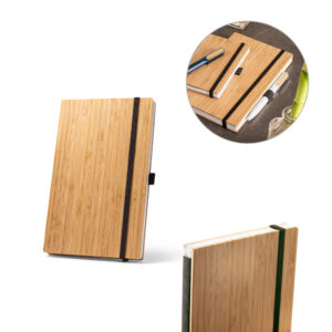 BUARQUE A5. Caderno A5 de capa e contracapa em placa de bambu e lombada em PET 100% reciclado, com 192 páginas pautadas