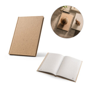 COCOPAD. Caderno A5 em casca de coco (60%) e trapos de algodão (40%) com folhas pautadas, com 160 páginas pautadas recicldas