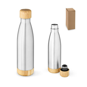 BROMELL 800. Garrafa em aço inox 90% reciclado de parede dupla térmica, isolada a vácuo com tampa em bambu 800 mL