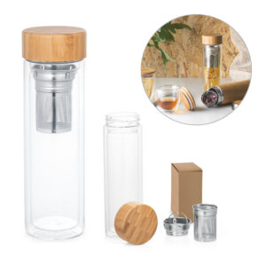 MAKAROVA. Garrafa em vidro borossilicato de parede dupla térmica, isolada a ar, com tampa em bambu e 2 infusores 490 mL